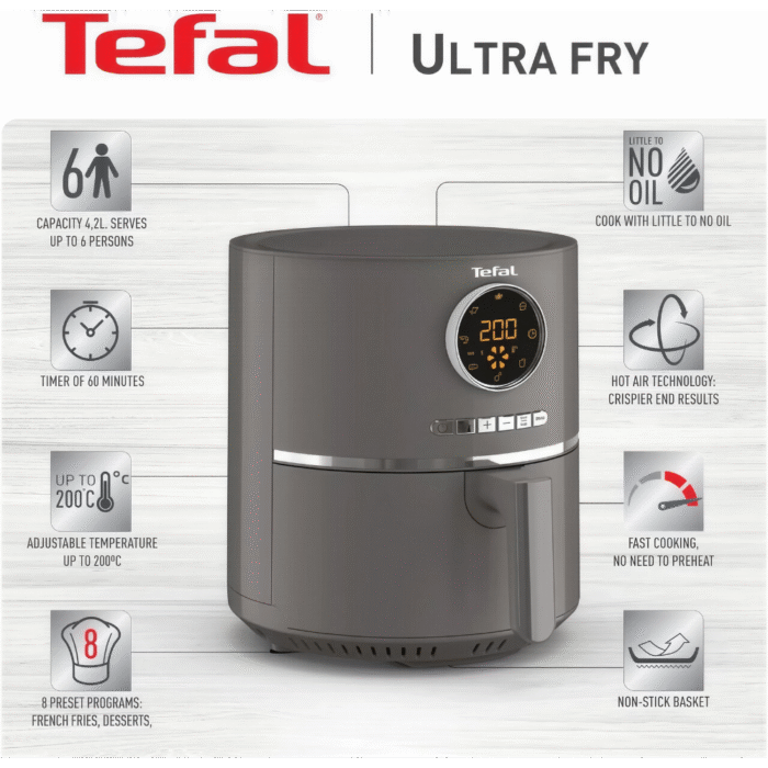 تيفال Ultra Fry EY111BEG هوائية رقمية – 4.2 لتر – 1600 وات – 8 برامج – رمادي