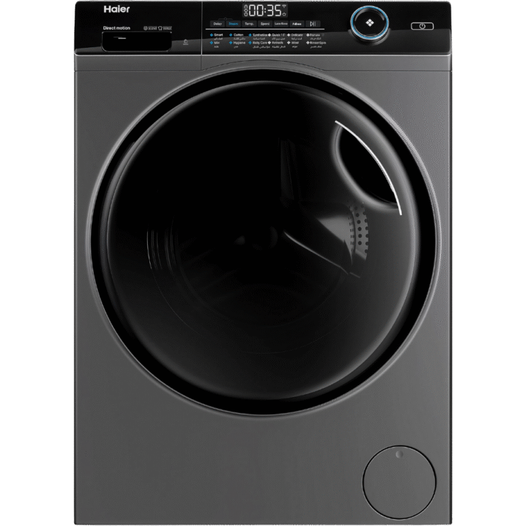 غسالة هاير تحميل أمامي 9 كجم لون فضي – أسطوانة سوبر 525 مم، محرك إنفرتر Direct Motion، واي فاي وبخار – موديل HW90-B14959S6TU1