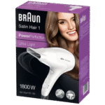 مجفف الشعر براون Satin Hair 1 Power Perfection – HD180 – قدرة ١٨٠٠ وات، تصميم مدمج وخفيف، أبيض