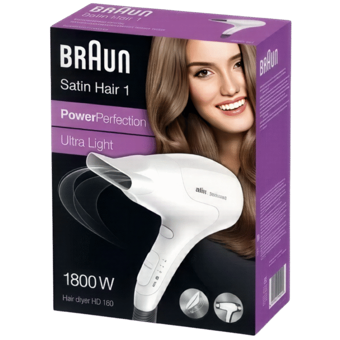 مجفف الشعر براون Satin Hair 1 Power Perfection – HD180 – قدرة ١٨٠٠ وات، تصميم مدمج وخفيف، أبيض
