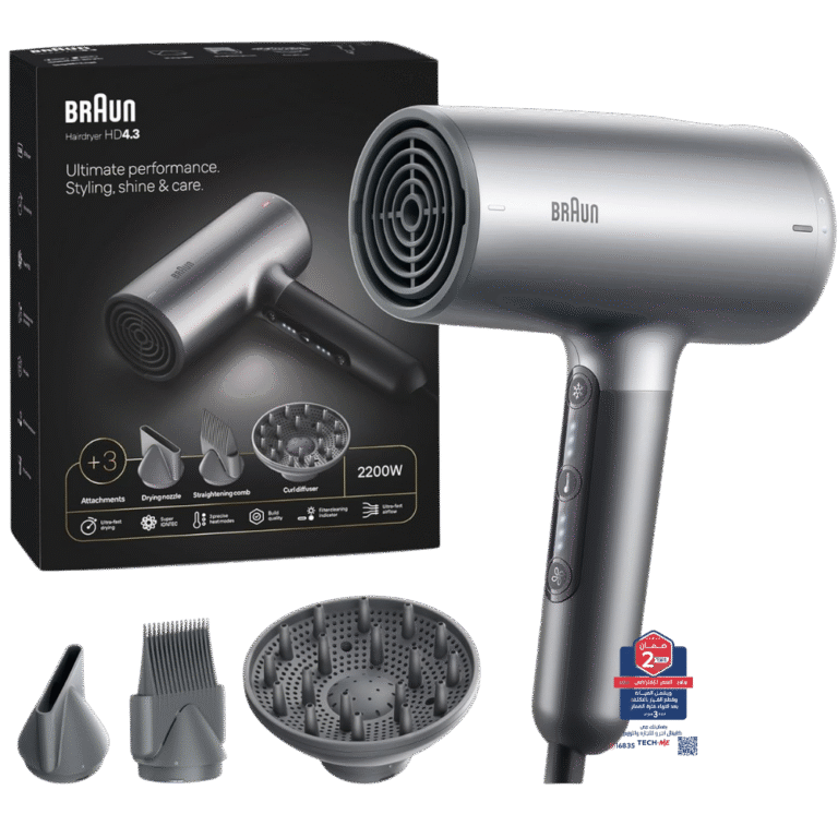 مجفف شعر براون BRHD435SDE (HD4.3) – قدرة ٢٢٠٠ وات، عالي الأداء، تقنية Super IONTEC، تحكم باللمس، رمادي إليكترو