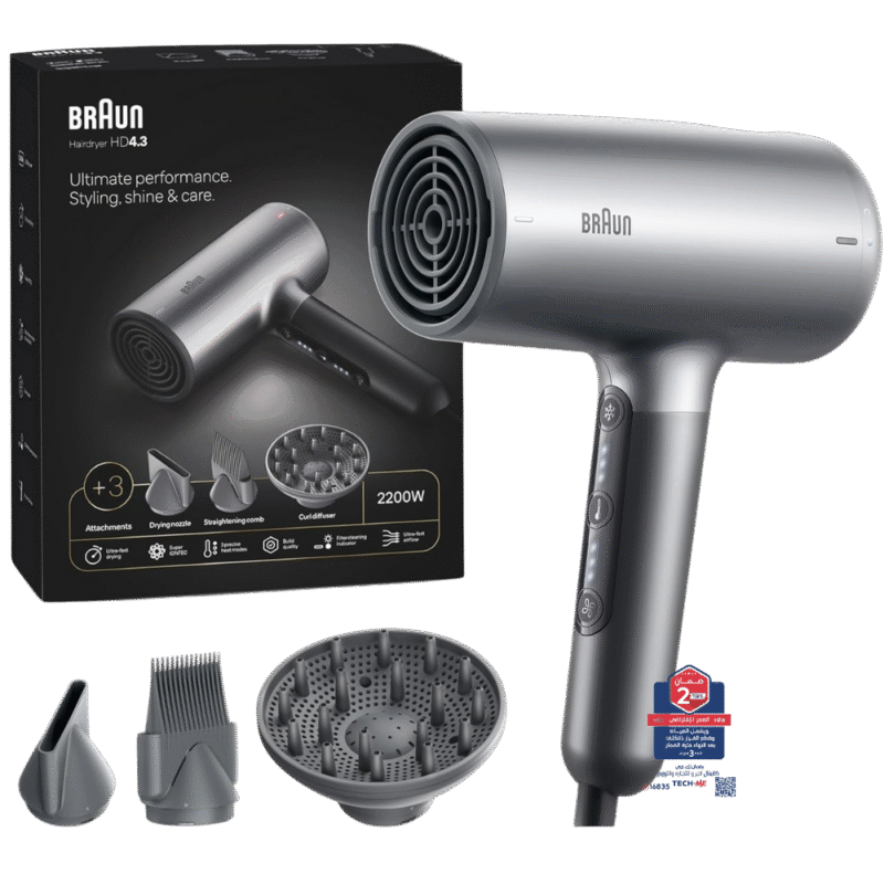 مجفف شعر براون BRHD435SDE (HD4.3) – قدرة ٢٢٠٠ وات، عالي الأداء، تقنية Super IONTEC، تحكم باللمس، رمادي إليكترو