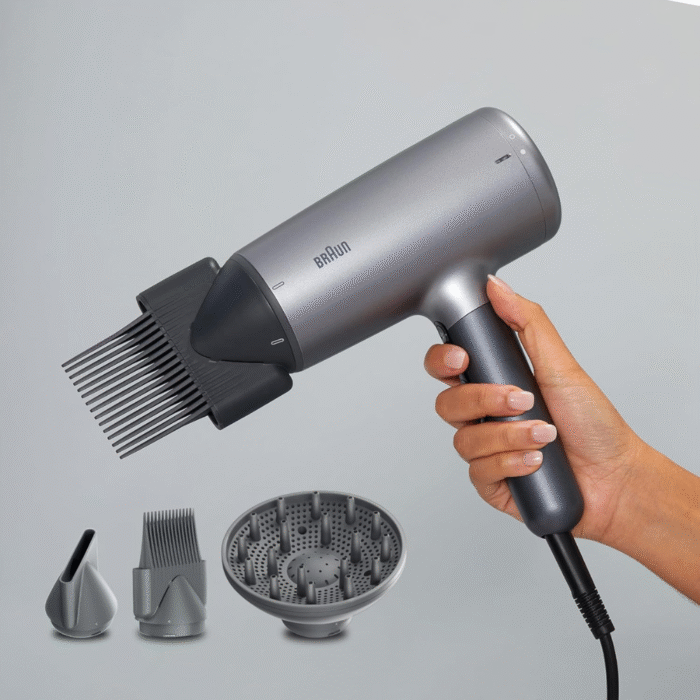 مجفف شعر براون BRHD435SDE (HD4.3) – قدرة ٢٢٠٠ وات، عالي الأداء، تقنية Super IONTEC، تحكم باللمس، رمادي إليكترو