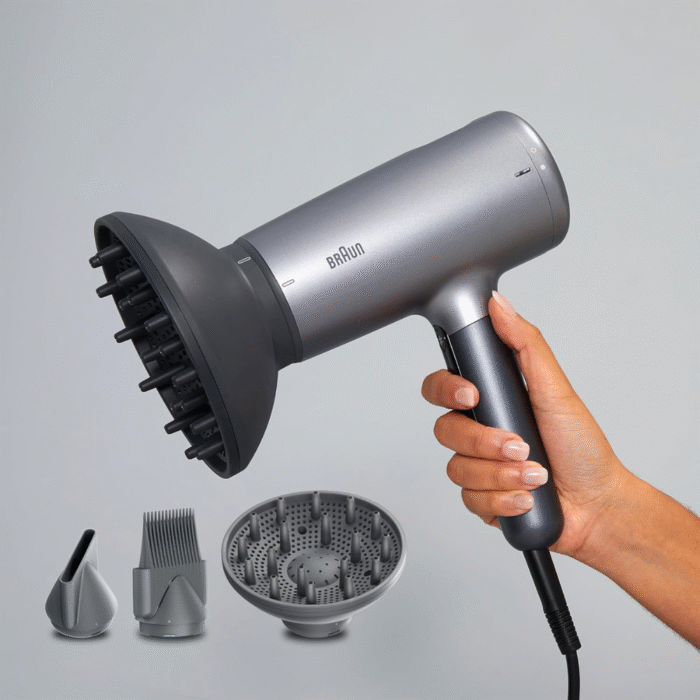 مجفف شعر براون BRHD435SDE (HD4.3) – قدرة ٢٢٠٠ وات، عالي الأداء، تقنية Super IONTEC، تحكم باللمس، رمادي إليكترو