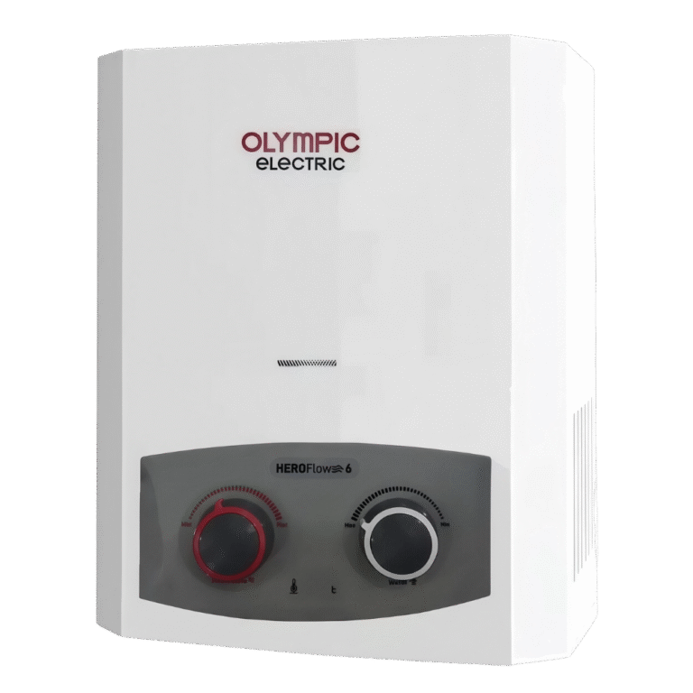 سخان مياه غاز أوليمبيك هيرو فلو — ٦ لتر — يعمل بالأنبوبة — بدون مدخنة — أبيض رمادي — 945105585
