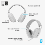 سماعة رأس Logitech بلوتوث – صوت قوي وتصميم مريح باللون الأبيض الفاتح – Zone Vibe 100