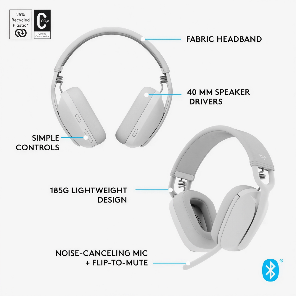 سماعة رأس Logitech بلوتوث – صوت قوي وتصميم مريح باللون الأبيض الفاتح – Zone Vibe 100 (6) سماعة رأس Logitech بلوتوث – صوت قوي وتصميم مريح باللون الأبيض الفاتح – Zone Vibe 100