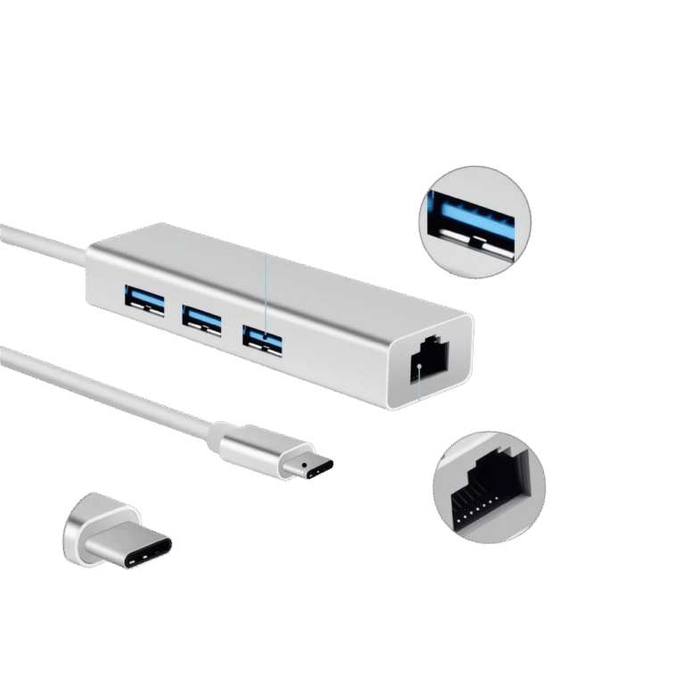 محول Type-C إلى ٣ منافذ USB 3.0 + منفذ LAN وصلة لنقل البيانات والإنترنت