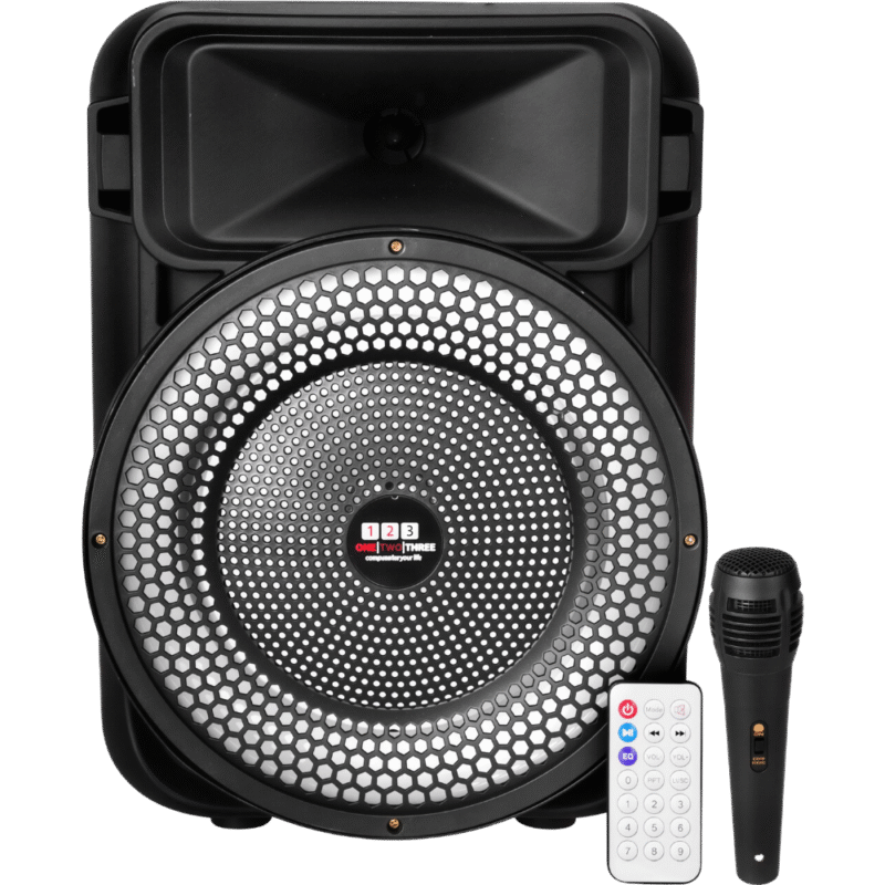 مكبر صوت One Two Three TL-1826 لاسلكي محمول – بلوتوث – 8 وات – 8 بوصة – مزود بميكروفون – أسود
