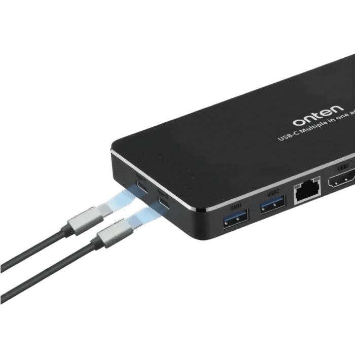 موزع Onten Hub 9×1 من النوع C – بمنفذي USB 3.0 + HDMI + VGA + Ethernet + صوت + Type-C PD – اسود OTN-9188S (1)