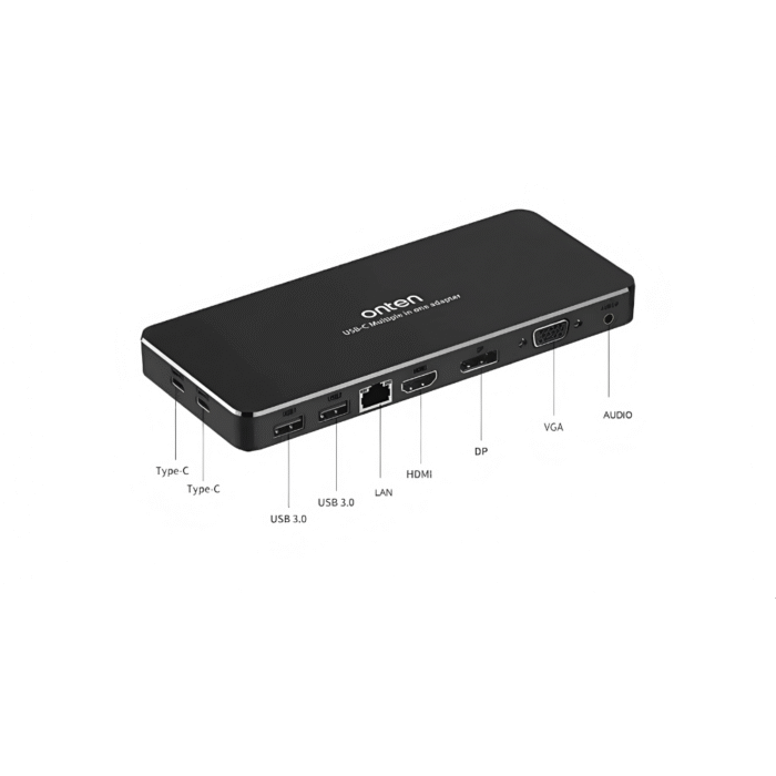 موزع Onten Hub 9×1 من النوع C – بمنفذي USB 3.0 + HDMI + VGA + Ethernet + صوت + Type-C PD – اسود OTN-9188S (2)