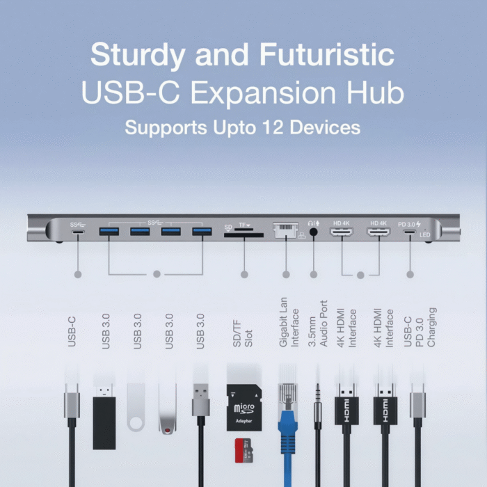 _موزع ونتن Hub 12×1 من النوع C – HDMI 4K×2 + منافذ USB 3.0×4 + PD + SDTF + LAN وصوت OTN-9199 (2)