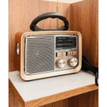 راديو محمول كلاسيكي من Denx – متعدد الموجات FM/AM/SW – مع مشغل MP3 – لون بيج – مقبض حمل وتصميم عصري