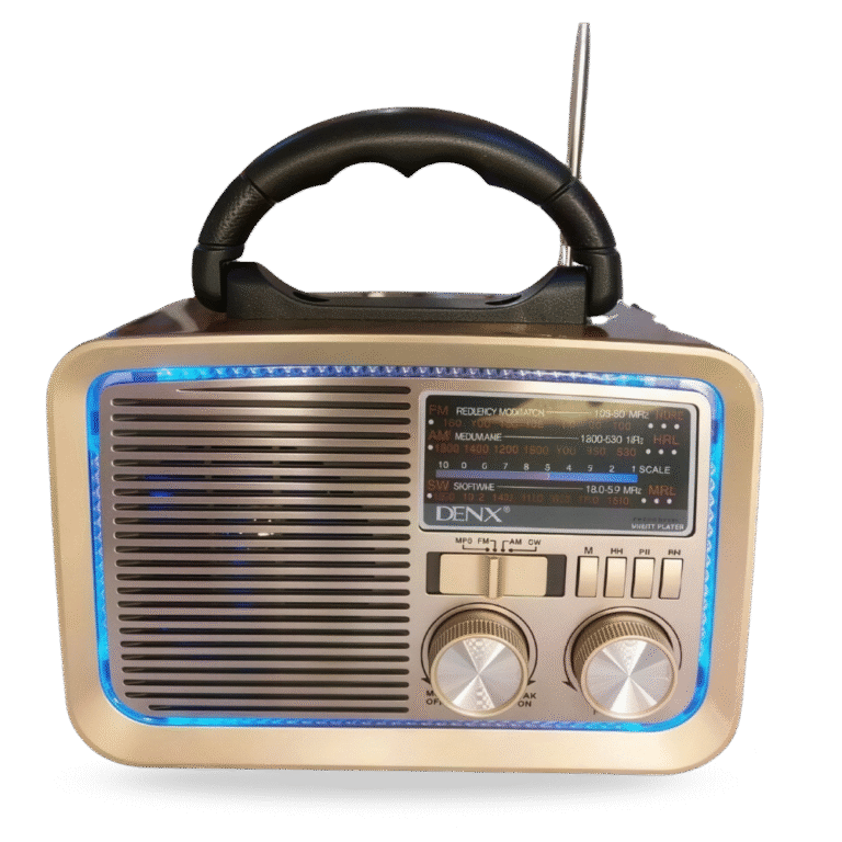 راديو محمول كلاسيكي من Denx – متعدد الموجات FM/AM/SW – مع مشغل MP3 – لون بيج – مقبض حمل وتصميم عصري