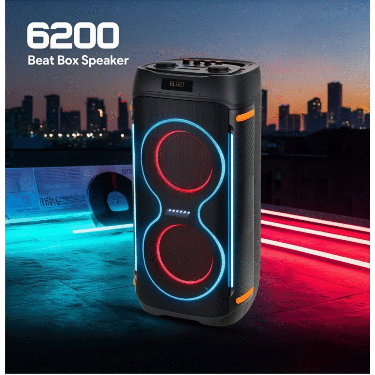 مكبر صوت Beatbox DJ 6200 – نظام صوت مدمج – بطارية – بلوتوث – منفذ USB وبطاقة ذاكرة – ميكروفون مرفق – إضاءة RGB – لون أسود