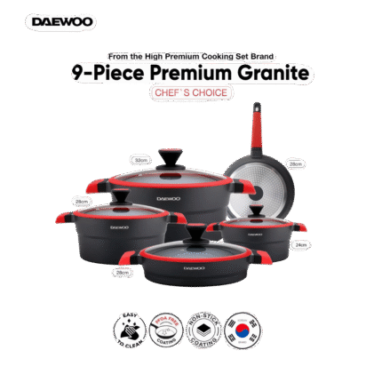 طقم طبخ دايو X Series جرانيت 9 قطع لون أسود/أحمر – DCS5T