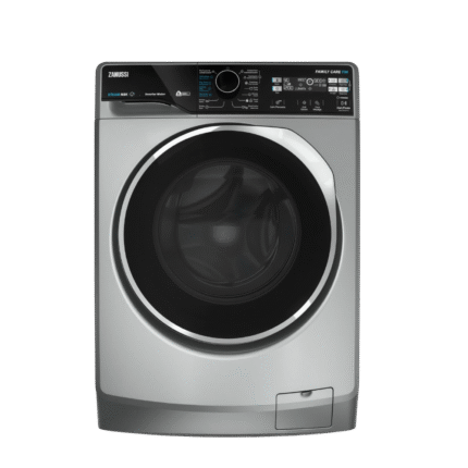 غسالة ملابس زانوسي SteamMax أوتوماتيك 8 كجم – تحميل أمامي – فضي مع باب أسود وحلقة كروم – موتور إنفرتر ZWF8241BS7