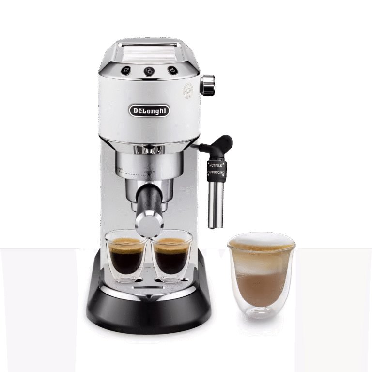 ماكينة تحضير الإسبريسو والكابتشينو ديلونجي ديديكا أبيض – تصميم نحيف من الألومنيوم – موديل EC685.W