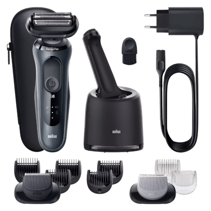 ماكينة حلاقة براون Series 6 للحلاقة الجافة ومع الماء مع قاعدة SmartCare وملحقين – لون رمادي – موديل 61-N7650cc