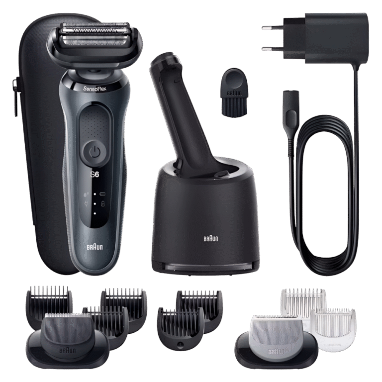 ماكينة حلاقة براون Series 6 للحلاقة الجافة ومع الماء مع قاعدة SmartCare وملحقين – لون رمادي – موديل 61-N7650cc